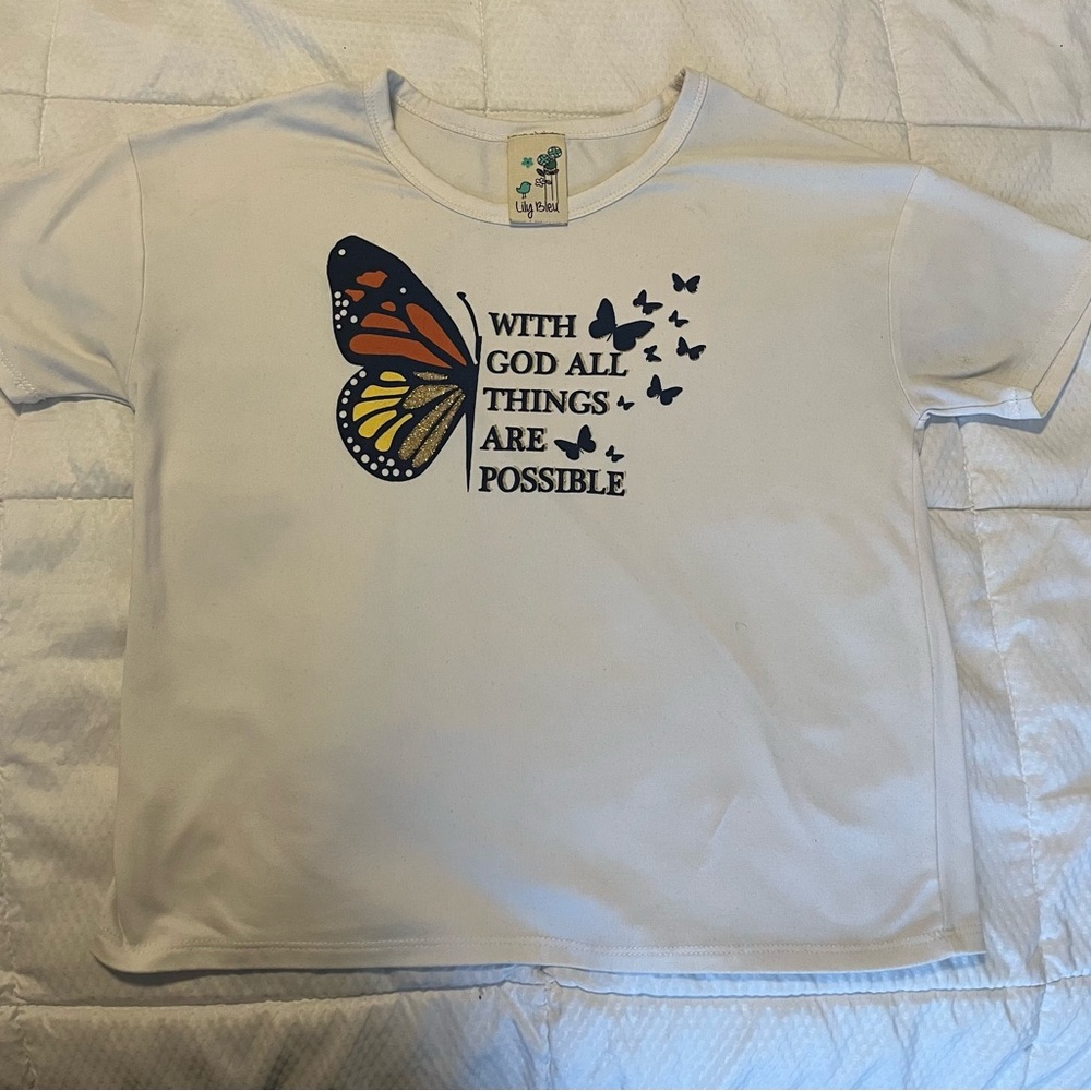 Lily Bleu White and Orange Short Sleeve Tee with Butterfly Design